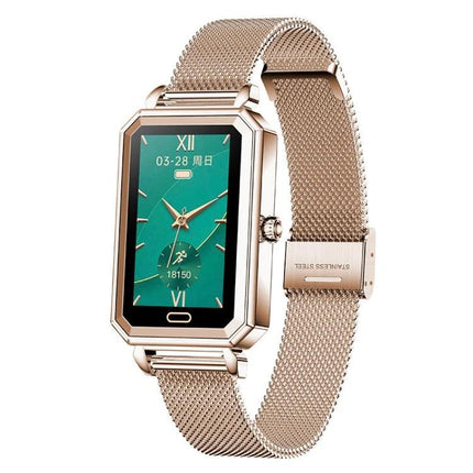 Loaniy Smart Watch for Daily Health and Activity Tracking - rose gold rectangular smartwatch with green display showing heart rate and activity metrics