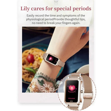 Loaniy Smart Watch for Daily Health and Activity Tracking - rose-gold smartwatch showing period tracking heart icon on wrist
