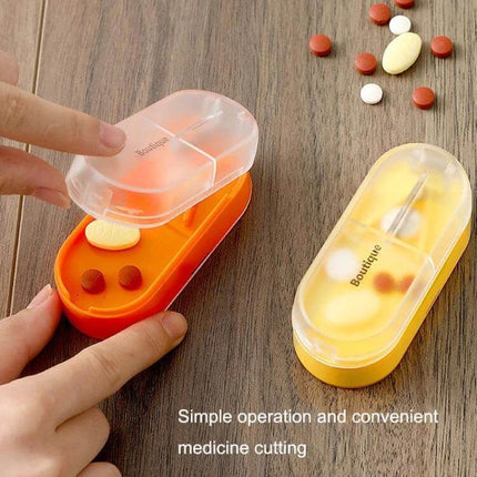 Home Transparent Tablet Divider Medicine Box With Compartments showing transparent pill compartments and built-in cutter for travel and daily doses