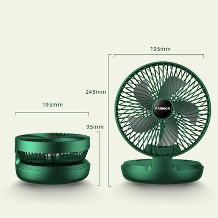 Foldable 8-Inch Portable Fan for Home, Office, and Outdoor Use compact green USB-powered fan folded and unfolded showing dimensions