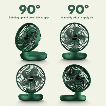 Foldable 8-Inch Portable Fan for Home, Office, and Outdoor Use showing green USB-powered compact fan in four tilt positions, foldable ABS body
