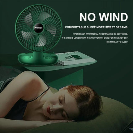 Foldable 8-Inch Portable Fan for Home, Office, and Outdoor Use compact USB-powered green fan on bedside table next to sleeping woman