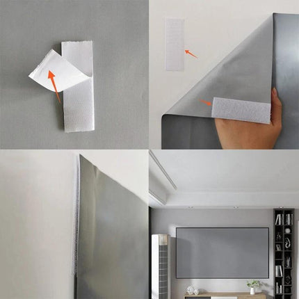 Portable Folding Projection Screen for Home Use with peel-and-stick mounting strips shown for quick wall setup