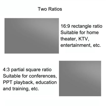 Portable Folding Projection Screen for Home Use showing adjustable 16:9 and 4:3 aspect ratios for home theater, presentations and classrooms