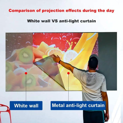 Portable Folding Projection Screen for Home Use showing daytime comparison: white wall vs metal anti-light curtain projection effects
