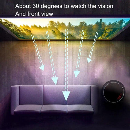 Portable Folding Projection Screen for Home Use mounted overhead showing recommended 30° viewing angle above a living room sofa