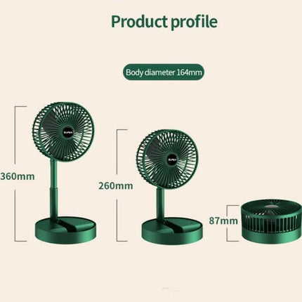 Portable Foldable Electric Fan for Everyday Cooling with Rechargeable Battery shown extended 360mm, 260mm and folded 87mm in dark green