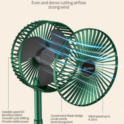 Portable Foldable Electric Fan for Everyday Cooling with Rechargeable Battery showing green dual-blade compact design and folding feature