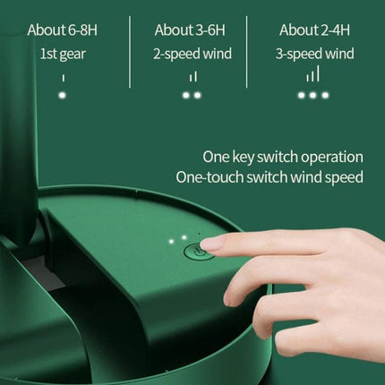Portable Foldable Electric Fan for Everyday Cooling with Rechargeable Battery — close-up of one-touch power button and LED indicators showing 3 speed battery runtimes