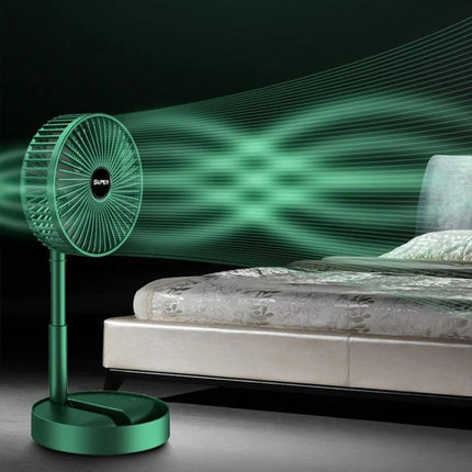 Portable Foldable Electric Fan for Everyday Cooling with Rechargeable Battery blowing cool air toward bed in bedroom, compact foldable design