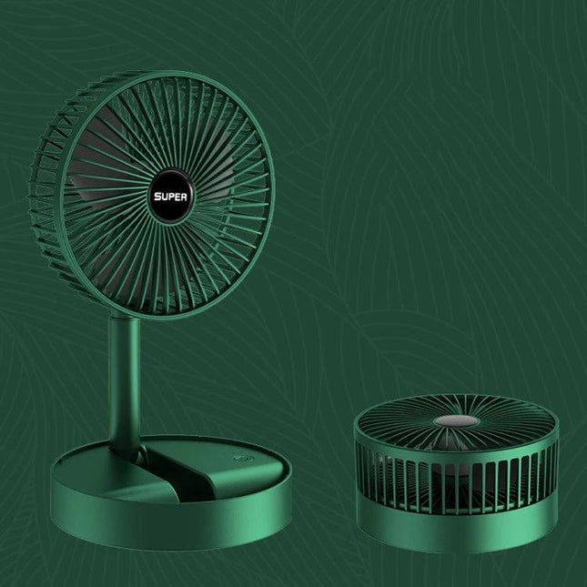 Portable Foldable Electric Fan for Everyday Cooling with Rechargeable Battery shown unfolded and folded compactly in green for travel and home use