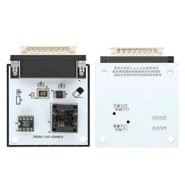 IPROG Plus V777 ECU Programming Tool for Chip Modules - front and back view of chip programming adapter with sockets and connectors