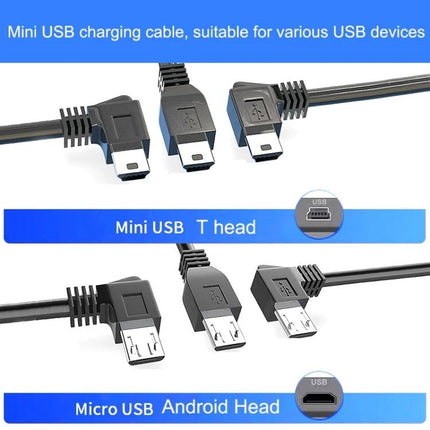 Car USB Charger for Driving Recorders and Road Trips — angled mini and micro USB T-head cables for powering dash cams and GPS with reinforced jacket
