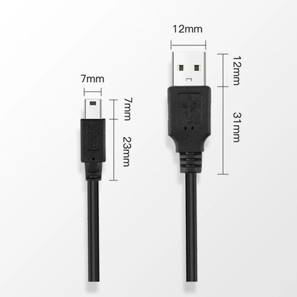 Car USB Charger for Driving Recorders and Road Trips - close-up of USB A to mini USB cable with dimensions, reinforced core and thickened outer layer