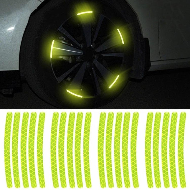 Set of 10 Reflective 3D Car Wheel Stickers for Safety and Decoration glowing yellow wheel reflectors on tire for nighttime visibility
