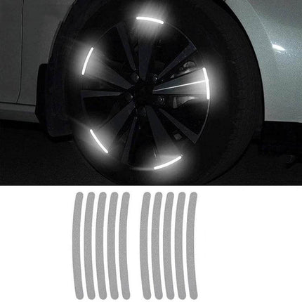 Set of 10 Reflective 3D Car Wheel Stickers for Safety and Decoration - reflective tire rim strips shown on car wheel at night