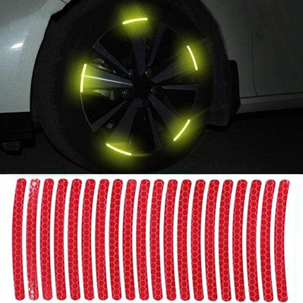 Set of 10 Reflective 3D Car Wheel Stickers for Safety and Decoration - glowing yellow wheel markers at night and 10 red reflective strips included