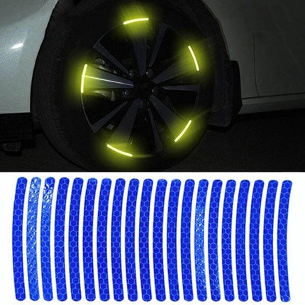 Set of 10 Reflective 3D Car Wheel Stickers for Safety and Decoration - glowing yellow strips on a car wheel at night showing improved visibility