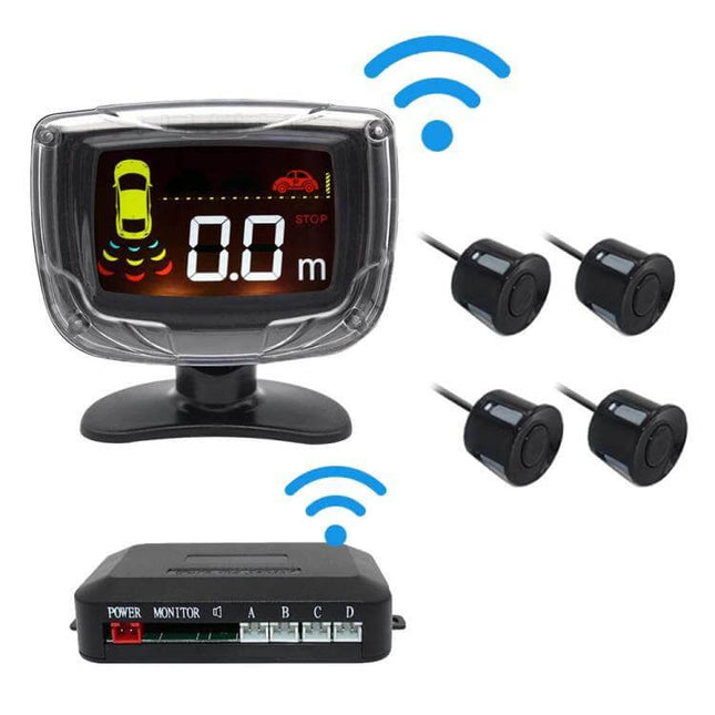 Wireless Reversing Radar with LED Display and Alarm Assistance showing LED monitor, four ultrasonic sensors and wireless control module