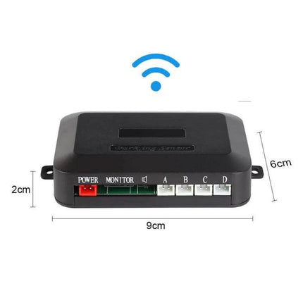 Wireless Reversing Radar with LED Display and Alarm Assistance compact black control box with wireless icon and labeled connectors