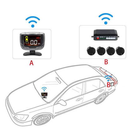 Wireless Reversing Radar with LED Display and Alarm Assistance showing dash LED display and four rear sensors wireless setup