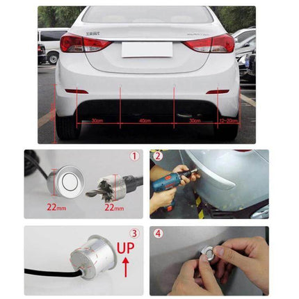 Wireless Reversing Radar with LED Display and Alarm Assistance showing rear bumper sensor placement and installation steps