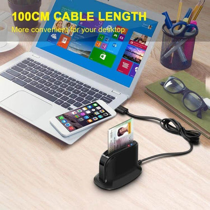Rocketek Smart Card Reader with TF and SIM Card Slots connected to laptop showing TF card, SIM and smart card access with 100cm cable