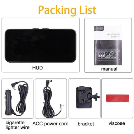 Car HUD Display for GPS Navigation and Vehicle Altitude Monitoring showing HUD unit, manual, cigarette lighter wire, ACC power cord, bracket, and viscose pad