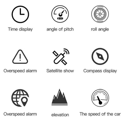 Car HUD Display for GPS Navigation and Vehicle Altitude Monitoring showing icons for time, pitch, roll, overspeed alarm, satellite, compass, elevation and speed