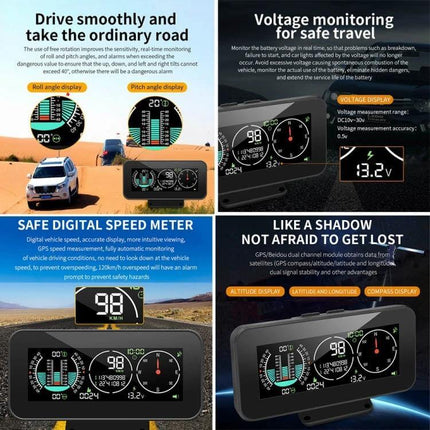 Car HUD Display for GPS Navigation and Vehicle Altitude Monitoring projecting speed, altitude, and alerts onto windshield for safer driving