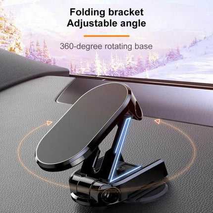 Vehicle Magnetic Phone Holder For Everyday Car Navigation mounted on dashboard with folding bracket and 360-degree rotating base