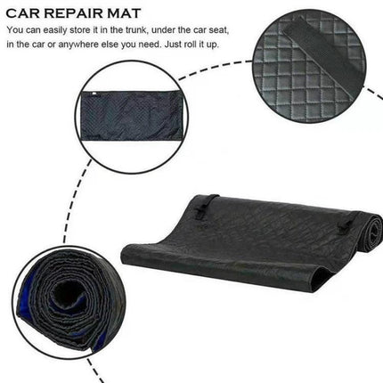 A foldable pad for quick vehicle fixes during travel - durable PU car repair mat rolled and unfolded for roadside tire and maintenance protection