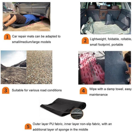 A foldable pad for quick vehicle fixes during travel shown in use under car, in trunk, and rolled PU mat for roadside repairs