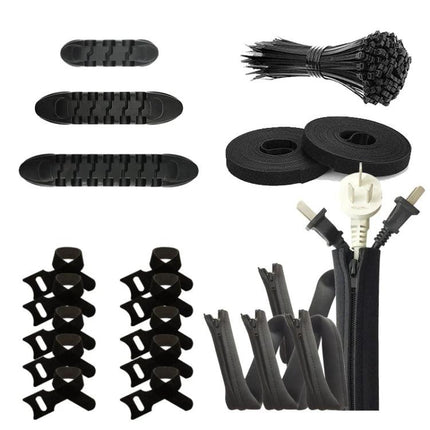 Desktop Cable Organizer Set Silicone Winder 119 In 1 125 In 1 126 In 1 136 In 1 - black silicone cable clips, zippers, velcro rolls and ties for desk cable management