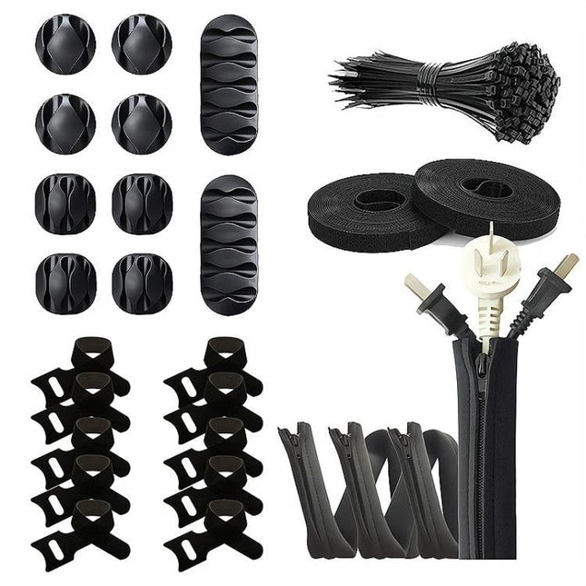 Desktop Cable Organizer Set Silicone Winder 119 In 1 125 In 1 126 In 1 136 In 1 - black silicone cable clips, zippers, ties and adhesive rolls for desk cable management