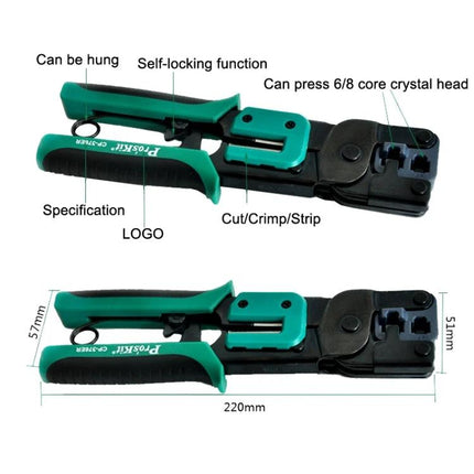 ProsKit Ratchet Crimping Plier for 6 and 8 Pin Network Cables - green/black ratchet crimper for cutting, stripping and crimping RJ11 RJ45 cables