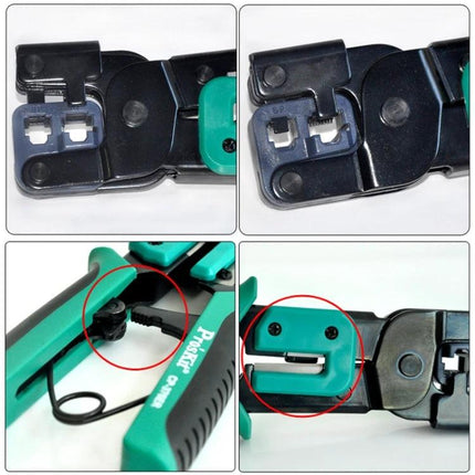 ProsKit Ratchet Crimping Plier for 6 and 8 Pin Network Cables - close-up of crimping jaws, cutter, stripper and ratchet mechanism