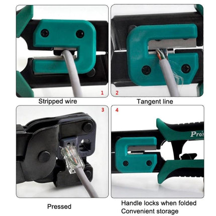 ProsKit Ratchet Crimping Plier for 6 and 8 Pin Network Cables showing stripping, crimping, cutting and ratchet handle for Ethernet cable