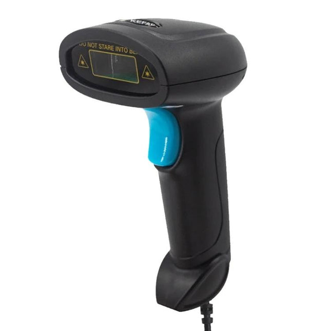 Kefar Wired Barcode Scanner for Supermarket Cashier Operations - black wired CCD scanner with blue trigger for 1D/2D retail scanning
