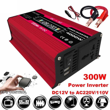 Solar Power Kit with Inverter and Panel for Off-Grid Use - red 300W inverter with cables, controller and panel setup for camping and emergency power