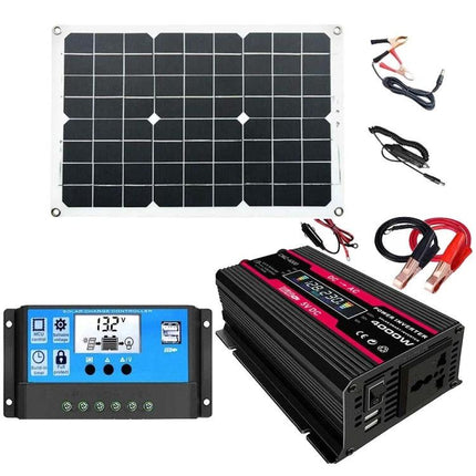 Solar Power Kit with Inverter and Panel for Off-Grid Use showing 300W inverter, solar panel, and controller for camping and emergency power