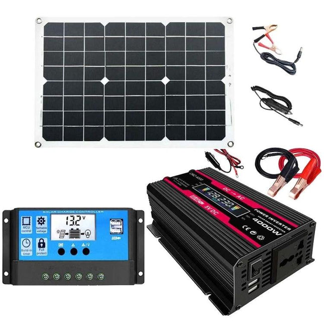 Solar Power Kit with Inverter and Panel for Off-Grid Use showing 300W inverter, solar panel, and controller for camping and emergency power