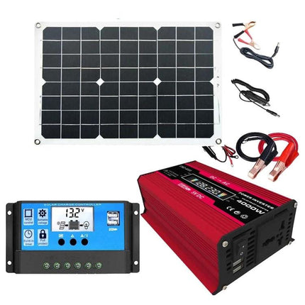 Solar Power Kit with Inverter and Panel for Off-Grid Use showing solar panel, inverter, controller and cables for 300W off-grid power