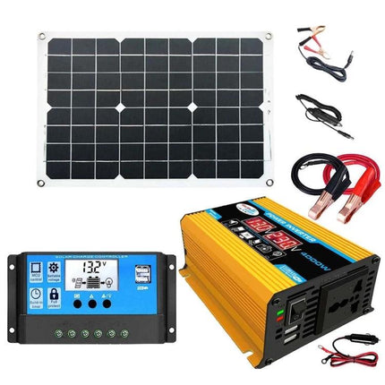 Solar Power Inverter System with 30A Controller and Panel shown with 18W solar panel, 300W inverter, charge controller and accessory cables