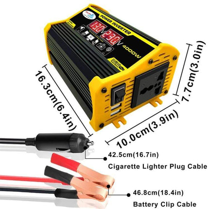 Compact Home Solar Generator Kit for Daily Power Needs showing 300W inverter with 18W panel, dimensions, cigarette lighter and battery clip cables