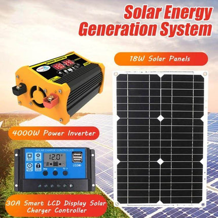 Compact Home Solar Generator Kit for Daily Power Needs showing 18W solar panel, inverter and 30A LCD charger controller