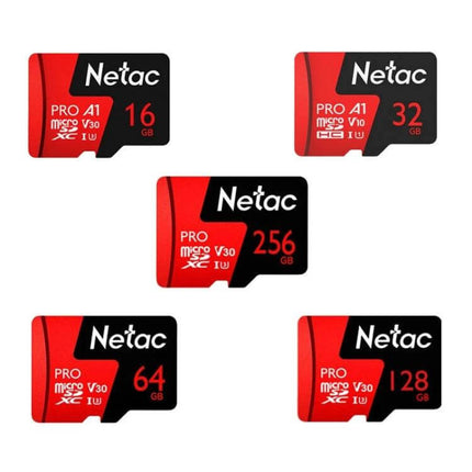 Netac Memory Card for Dash Cameras and Smartphones — red and black microSD cards in 16GB, 32GB, 64GB, 128GB, 256GB options for dash cams and phones
