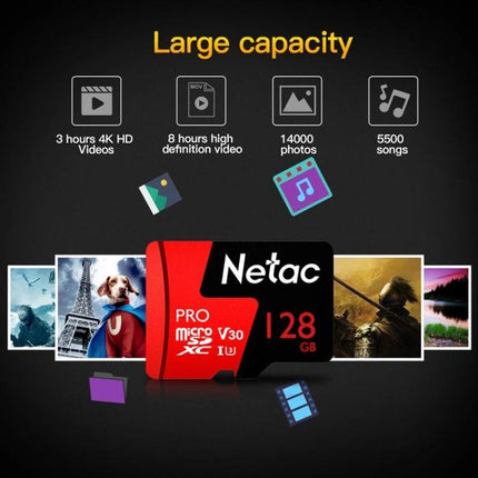 Netac Memory Card for Dash Cameras and Smartphones 128GB microSDXC showing large capacity for 4K video, photos and music