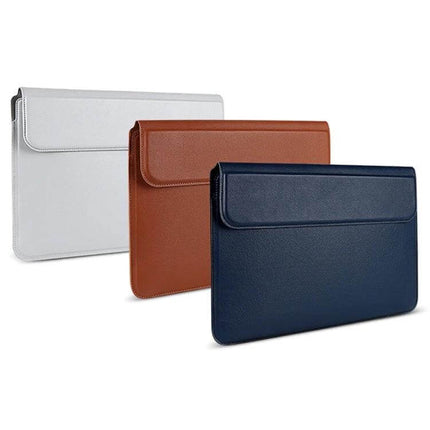 Leather Laptop Bag with Stand for 14-15 Inch Devices - PU leather sleeve in navy brown and white, slim protective laptop carry case with integrated stand
