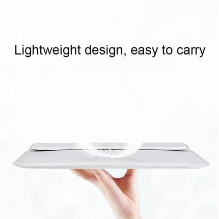 Leather Laptop Bag with Stand for 14-15 Inch Devices showing lightweight PU leather folded flat in hand, easy to carry and portable